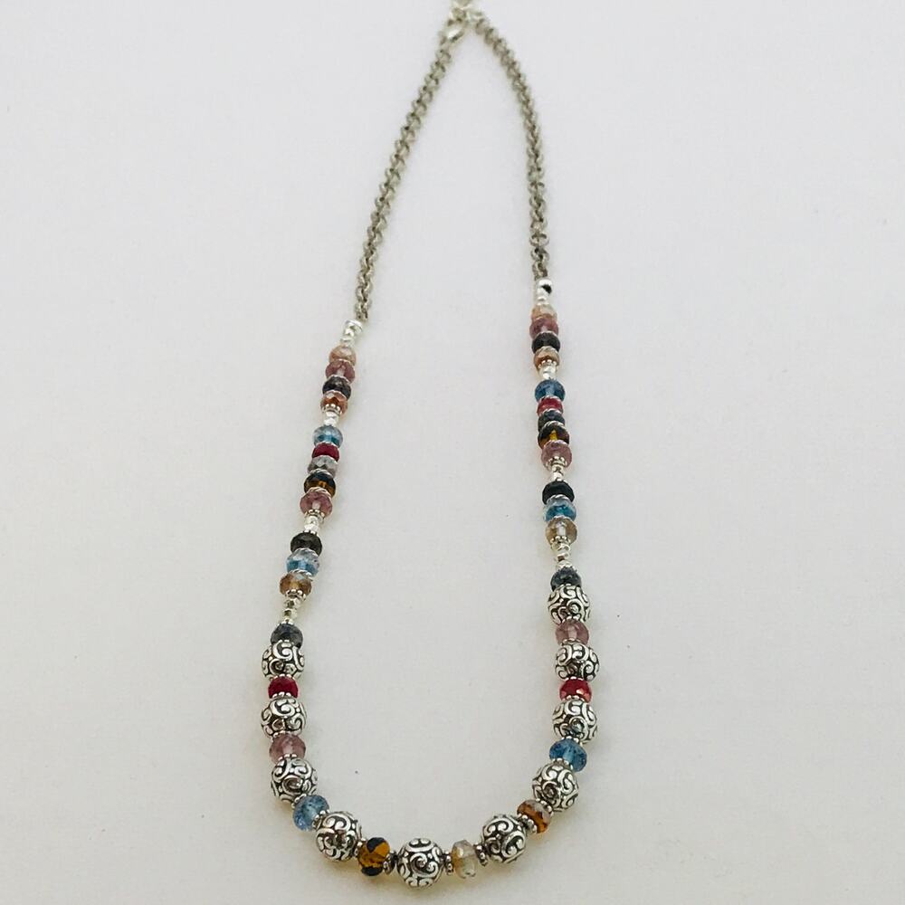 Brighton Multicolor Crystal Beaded Necklace Silver Tone Scroll Beads Adjustable